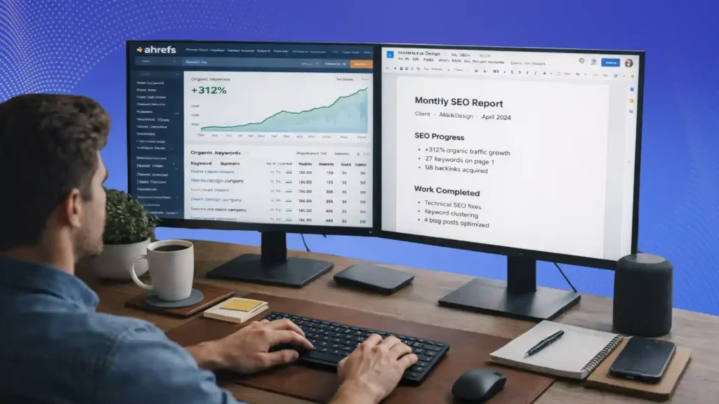SEO writer working on keyword research and content optimization for US business client